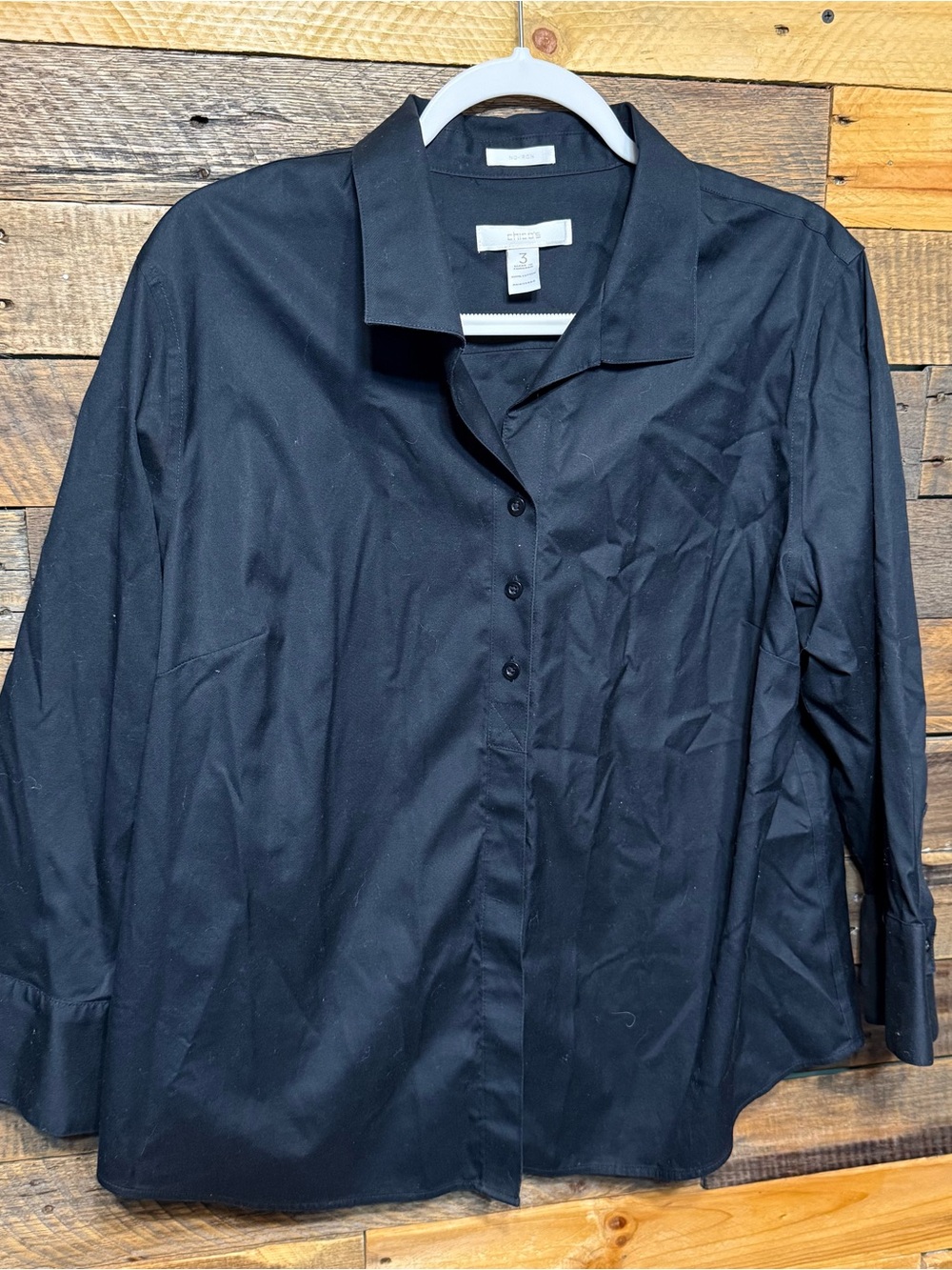 Chicos Black Cotton No Iron V Neck Button Up Top